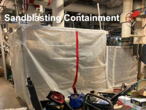 Sandblasting containment area during onsite chiller coating